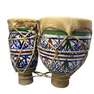 Vintage tam tam drums Moroccan handmade derbouka hand-painted ceramic Blue/white